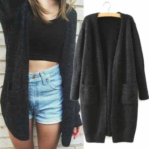 Women Long Sleeve Knitted Fluffy Cardigan Sweater Pocket Outwear Coat Jacket Ladies Basic Sweater Coat Black Sweater