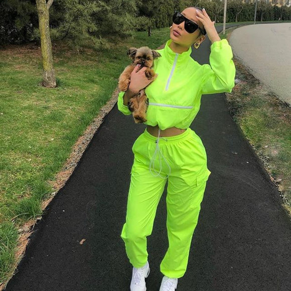 2019 Neon Color Women Sets Workout Fashion Two Piece Outfits Casual Slim Zipper Top And Sweatpants Set Sporty Tracksuit
