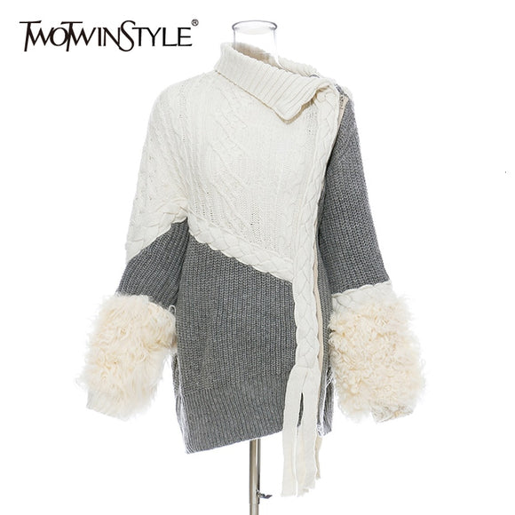 TWOTWINSTYLE Patchwork Wool Knitting Women's Sweater Irregular Collar Long Sleeve Cardigans Asymmetrical Female Sweaters Fashion