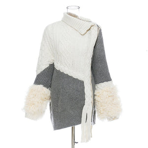 TWOTWINSTYLE Patchwork Wool Knitting Women's Sweater Irregular Collar Long Sleeve Cardigans Asymmetrical Female Sweaters Fashion