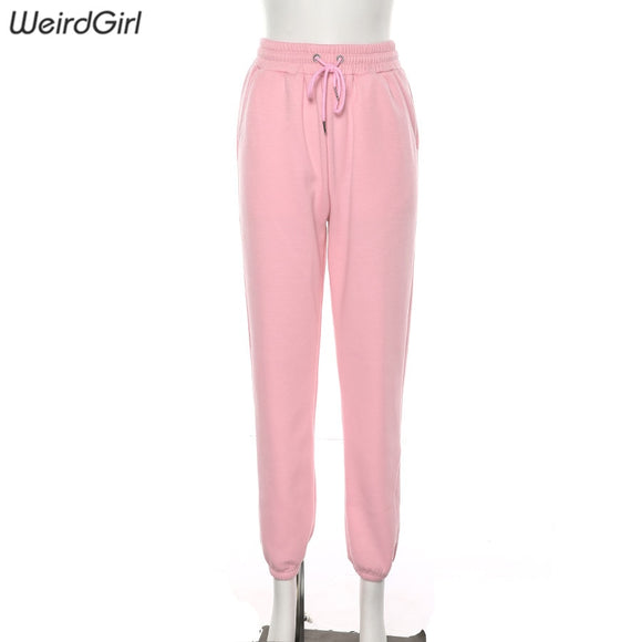 Weirdgirl women beading casual pants pink full length harem pant pocket high waist elastic pants sweatpants trousers new autumn