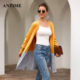 Antime Women Patchwork Cardigan Casual Long Sleeve Pocket Outerwear Loose Autumn Winter Knitted Sweater Coat