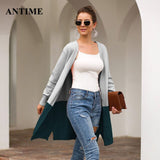 Antime Women Patchwork Cardigan Casual Long Sleeve Pocket Outerwear Loose Autumn Winter Knitted Sweater Coat