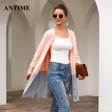 Antime Women Patchwork Cardigan Casual Long Sleeve Pocket Outerwear Loose Autumn Winter Knitted Sweater Coat