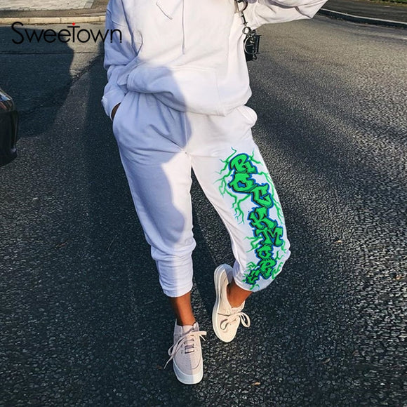 Sweetown White Lightning Printed Harem Pants Women 2019 New Elastic High Waist Baggy Pants Casual Hip Hop Streetwear Sweatpants