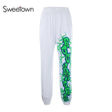 Sweetown White Lightning Printed Harem Pants Women 2019 New Elastic High Waist Baggy Pants Casual Hip Hop Streetwear Sweatpants