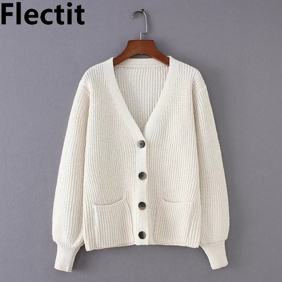 Flectit Cozy Ribbed Knit Cardigan Women V-neck Front Pocket Button Down Dropped Long Sleeve Korean Casual Chic Winter Tops *