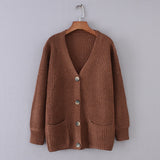 Flectit Cozy Ribbed Knit Cardigan Women V-neck Front Pocket Button Down Dropped Long Sleeve Korean Casual Chic Winter Tops *
