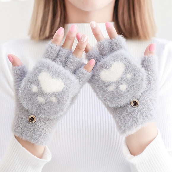 Women's Winter Warm Touch Screen Gloves Cute Cat claw Sensory Fingerless Gloves Knitted Fluff Outdoor Flip cover Gloves 1 Pair