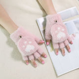 Women's Winter Warm Touch Screen Gloves Cute Cat claw Sensory Fingerless Gloves Knitted Fluff Outdoor Flip cover Gloves 1 Pair