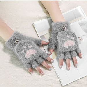 Women's Winter Warm Touch Screen Gloves Cute Cat claw Sensory Fingerless Gloves Knitted Fluff Outdoor Flip cover Gloves 1 Pair