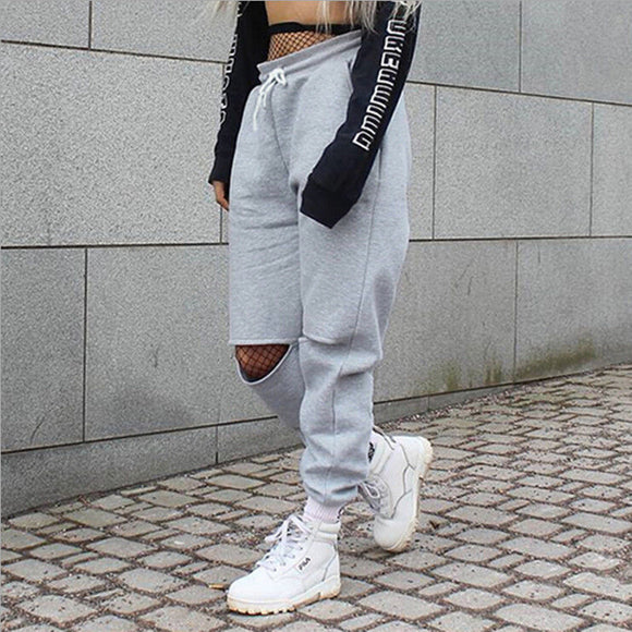 Harajuku Hip Hop Long Pants Women Jogger Hippie Harem Trousers Sweatpants Open Knees Ripped Sweat Pants Loose Streetwear
