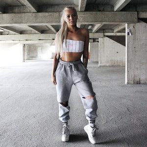 Harajuku Hip Hop Long Pants Women Jogger Hippie Harem Trousers Sweatpants Open Knees Ripped Sweat Pants Loose Streetwear