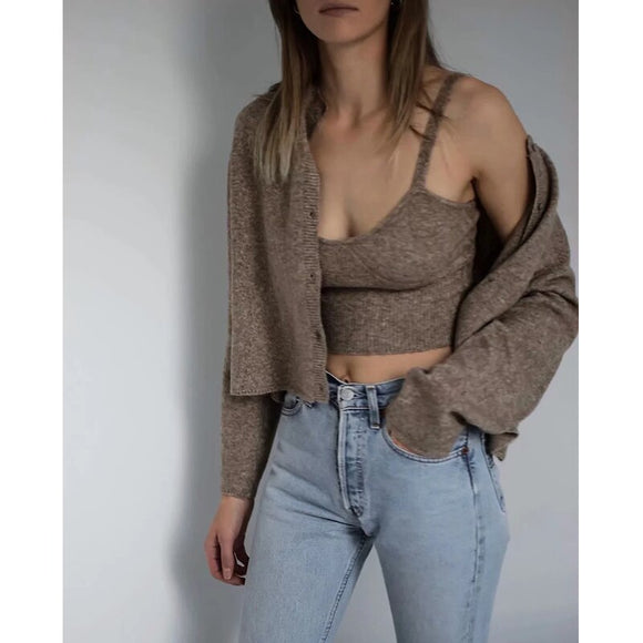 ZA 2020 spring new women's solid khaki cardigan knitted sweater Casual two pieces set fashion streetwear sexy female tops
