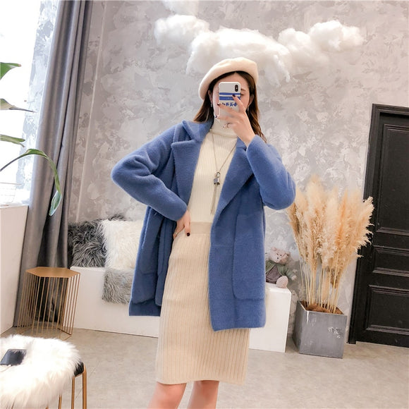 2019 new women knit cardigan  imitation mink cashmere coat autumn winter Korean loose Super soft candy color sweater female coat