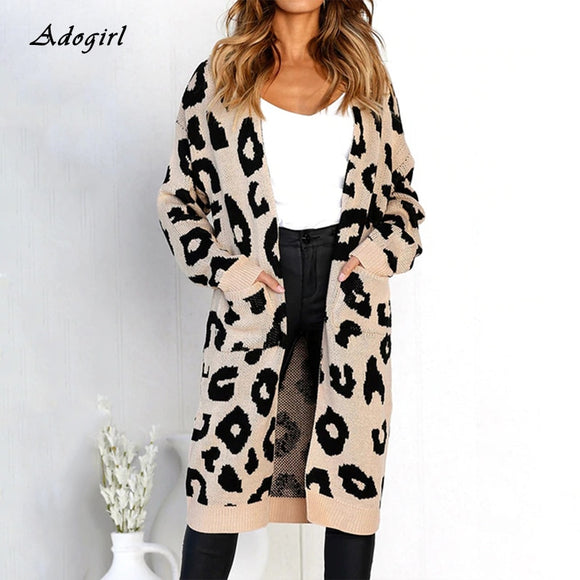 Casual Leopard Print Cardigan Sweater Coat Women Elegant Long Sleeve With Pocket Long Sweaters Autumn Winter Outwear Warm Coat