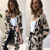 Casual Leopard Print Cardigan Sweater Coat Women Elegant Long Sleeve With Pocket Long Sweaters Autumn Winter Outwear Warm Coat