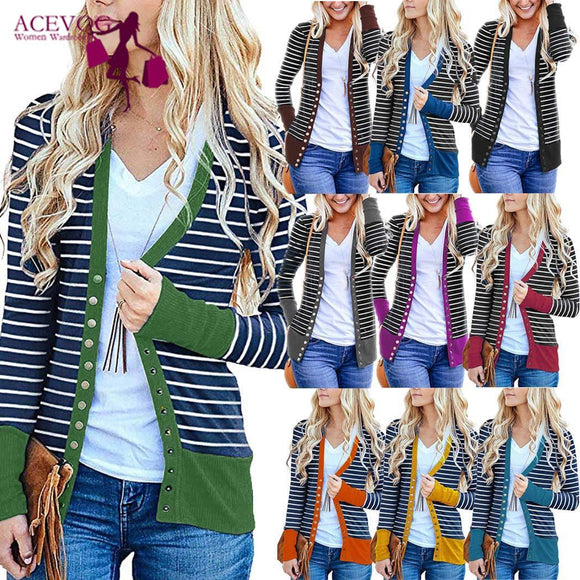 Women Casual Striped Patchwork Long Sleeve Regular Snap Button Down Striped, Cardigan Winter/Spring/Autumn