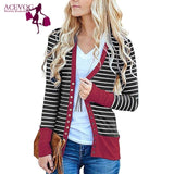 Women Casual Striped Patchwork Long Sleeve Regular Snap Button Down Striped, Cardigan Winter/Spring/Autumn