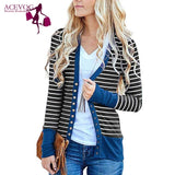 Women Casual Striped Patchwork Long Sleeve Regular Snap Button Down Striped, Cardigan Winter/Spring/Autumn