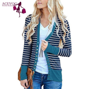 Women Casual Striped Patchwork Long Sleeve Regular Snap Button Down Striped, Cardigan Winter/Spring/Autumn