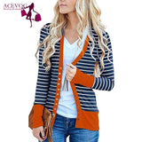 Women Casual Striped Patchwork Long Sleeve Regular Snap Button Down Striped, Cardigan Winter/Spring/Autumn