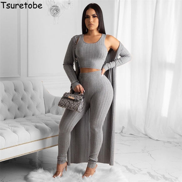 Tsuretobe Autumn Ribbed Three Piece Set Women Long Cardigan + Crop Top And Suit  Casual Tracksuits Solid Color Outfits Female