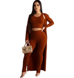 Tsuretobe Autumn Ribbed Three Piece Set Women Long Cardigan + Crop Top And Suit  Casual Tracksuits Solid Color Outfits Female