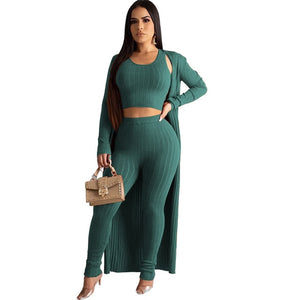 Tsuretobe Autumn Ribbed Three Piece Set Women Long Cardigan + Crop Top And Suit  Casual Tracksuits Solid Color Outfits Female