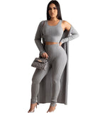 Tsuretobe Autumn Ribbed Three Piece Set Women Long Cardigan + Crop Top And Suit  Casual Tracksuits Solid Color Outfits Female