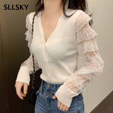 SLLSKY 2019 Spring Autumn New Women Sweater Harajuku Slim Feminine Solid Cardigan Lace stitching V-neck Long Sleeve Coat