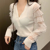 SLLSKY 2019 Spring Autumn New Women Sweater Harajuku Slim Feminine Solid Cardigan Lace stitching V-neck Long Sleeve Coat