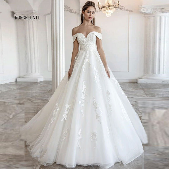 Wedding Dresses Off The Shoulder Lace Up 2020  Vestido De Noiva Tulle Appliques V-neck Bride Gowns