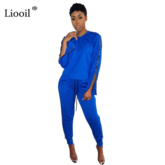 Liooil Two Piece Set Sweat Suits Women Club Outfits 2020 Zip Up Long Sleeve O Neck Tops And Sweatpants With Pockets Jogger Set