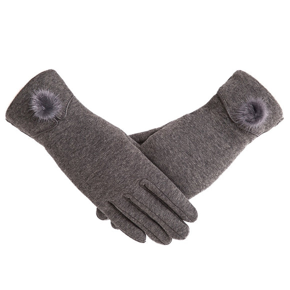 New Female Autumn Winter Non-Inverted Velvet Cashmere Full Finger Warm Lace Hairball Gloves Women Cotton Touch Screen Gloves G82