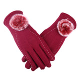 New Female Autumn Winter Non-Inverted Velvet Cashmere Full Finger Warm Lace Hairball Gloves Women Cotton Touch Screen Gloves G82