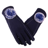 New Female Autumn Winter Non-Inverted Velvet Cashmere Full Finger Warm Lace Hairball Gloves Women Cotton Touch Screen Gloves G82