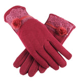 New Female Autumn Winter Non-Inverted Velvet Cashmere Full Finger Warm Lace Hairball Gloves Women Cotton Touch Screen Gloves G82