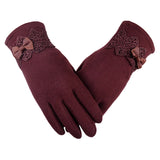 New Female Autumn Winter Non-Inverted Velvet Cashmere Full Finger Warm Lace Hairball Gloves Women Cotton Touch Screen Gloves G82