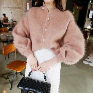 Chic Pearls Beads Mohair Sweater Lantern Sleeved Knitted Cardigan Buckles Sweater Velvet Jacket Oversized Sweater Tops