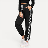 ROMWE Slant Pocket Checked Panel Pants 2019 Spring Autumn Sweatpants Mid Waist Long Pants Black Plaid Stylish Women Trousers