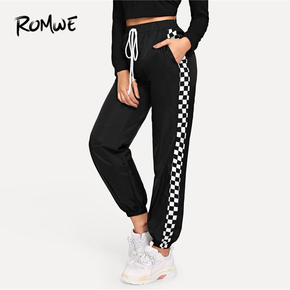 ROMWE Slant Pocket Checked Panel Pants 2019 Spring Autumn Sweatpants Mid Waist Long Pants Black Plaid Stylish Women Trousers