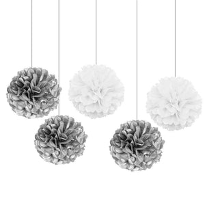 5pcs (Metalic Silver,White) 8"/15cm Tissue Paper Pom Poms Flower Balls Hanging Decor Adult Birthday Party Wedding Decorations